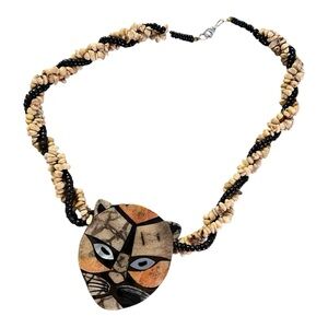 Vintage Lee Sands Necklace, Tiger Head Mother of Pearl Inlay, Beaded Intertwined